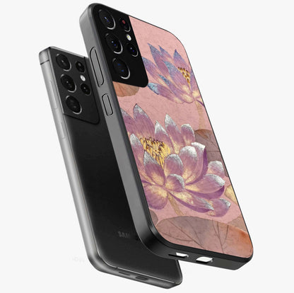 Blossom Mist Lotus Glass Case displayed in angled mockup highlighting delicate lotus illustration with calm aesthetic theme.