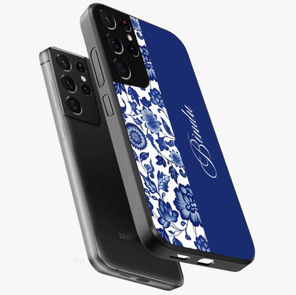Blue Vintage Floral Pattern Glass Case displayed in angled mockup highlighting subtle bloom pattern with aesthetic pastel design.