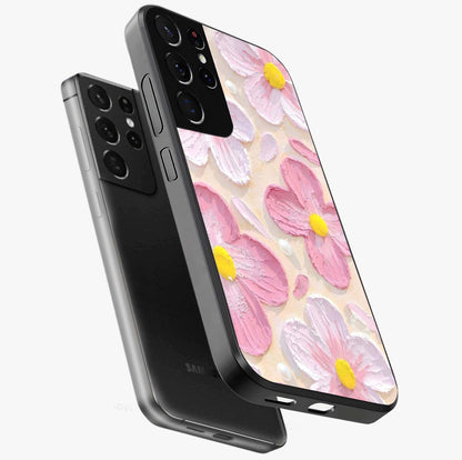 Blush Bloom Texture Glass Case displayed in angled mockup highlighting subtle bloom pattern with aesthetic pastel design.