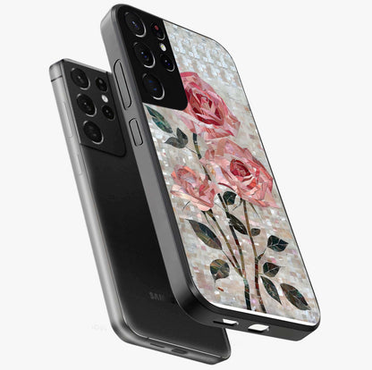 Blush Mosaic Bloom Glass Case displayed in angled mockup highlighting artistic mosaic flower pattern with aesthetic design.