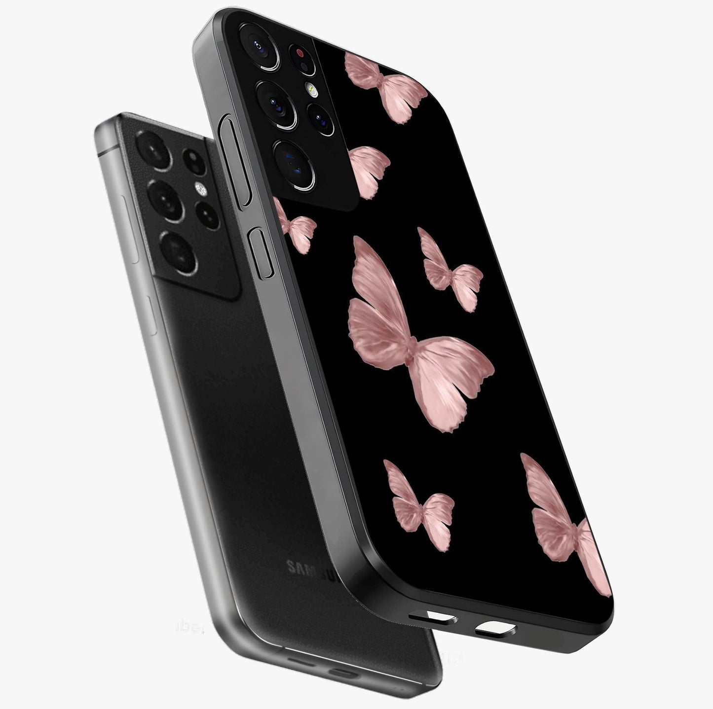 Butterfly Pattern Glass Case displayed in angled mockup highlighting delicate butterfly design and aesthetic pattern style.
