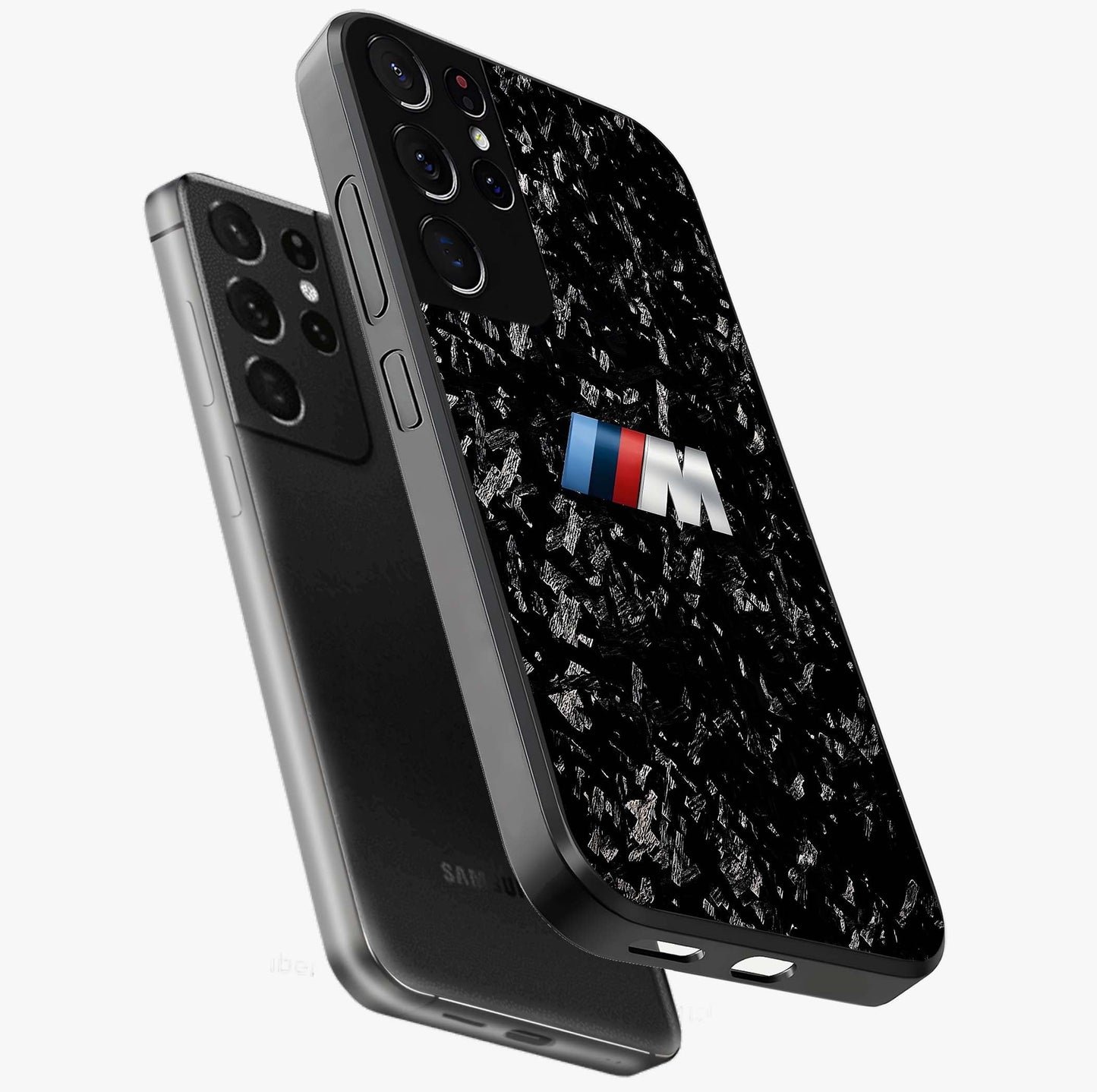 Carbon Speed Mark Glass Case displayed in angled mockup highlighting racing inspired carbon design and sleek aesthetic style.