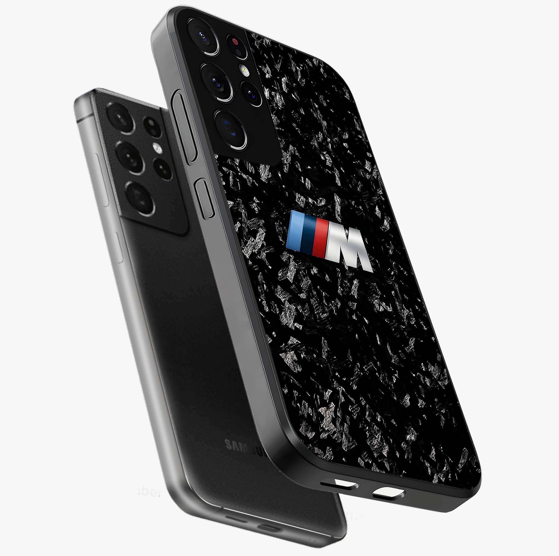 Carbon Speed Mark Glass Case displayed in angled mockup highlighting racing inspired carbon design and sleek aesthetic style.
