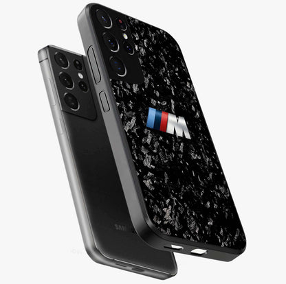 Carbon Speed Mark Glass Case displayed in angled mockup highlighting racing inspired carbon design and sleek aesthetic style.