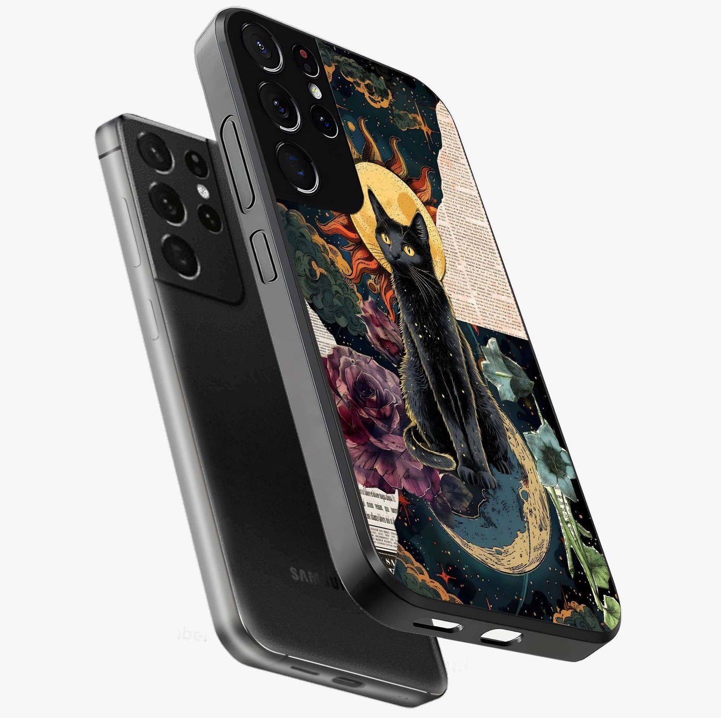 Celestial Black Cat Glass Case displayed in angled mockup highlighting cosmic black cat design with celestial aesthetic.
