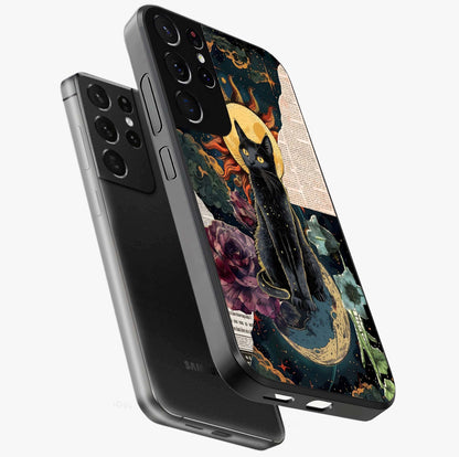 Celestial Black Cat Glass Case displayed in angled mockup highlighting cosmic black cat design with celestial aesthetic.