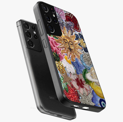 Celestial Floral and Playful Glass Case displayed in angled mockup highlighting playful floral design with dreamy celestial elements.