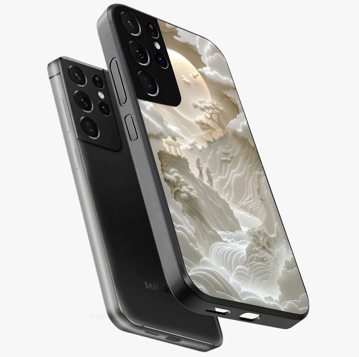 Celestial Origami Glass Case displayed in angled mockup highlighting geometric origami design with cosmic aesthetic theme.