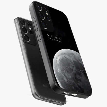 Cosmic Moon Glow Glass Case displayed in angled mockup highlighting celestial moon design with cosmic aesthetic theme.