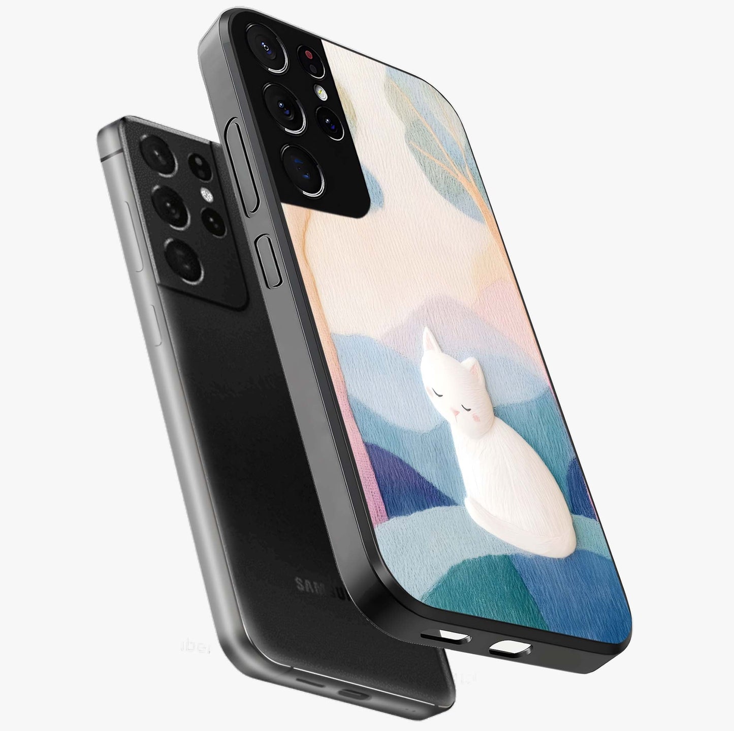 Cotton Dream Cat Glass Case displayed in angled mockup highlighting cute feline illustration with pastel aesthetic style.