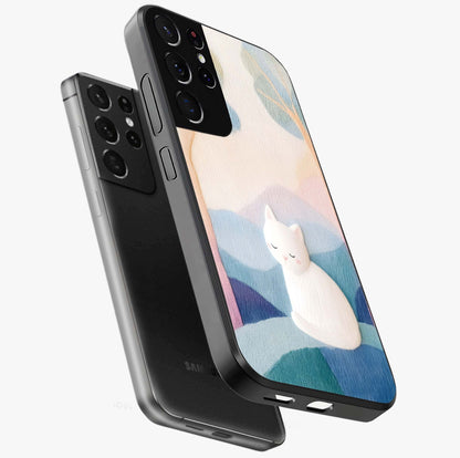 Cotton Dream Cat Glass Case displayed in angled mockup highlighting cute feline illustration with pastel aesthetic style.