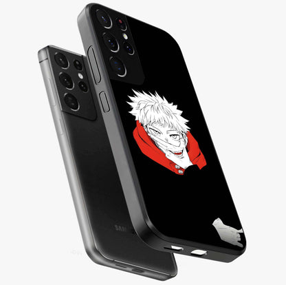 Crimson Chaos Smile Glass Case displayed in angled mockup highlighting edgy crimson smile design with graphic aesthetic.