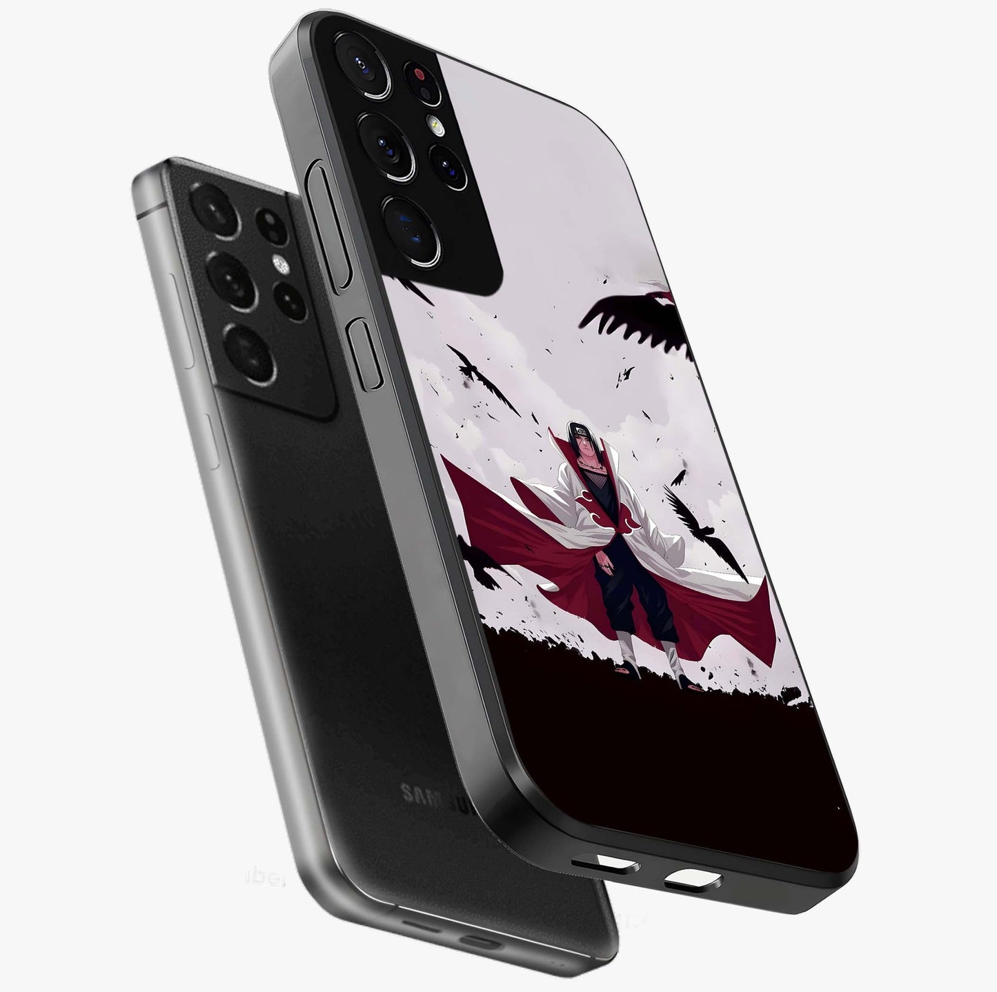 Crimson Crow Ascension Glass Case displayed in angled mockup highlighting powerful crow illustration with dark crimson aesthetic.
