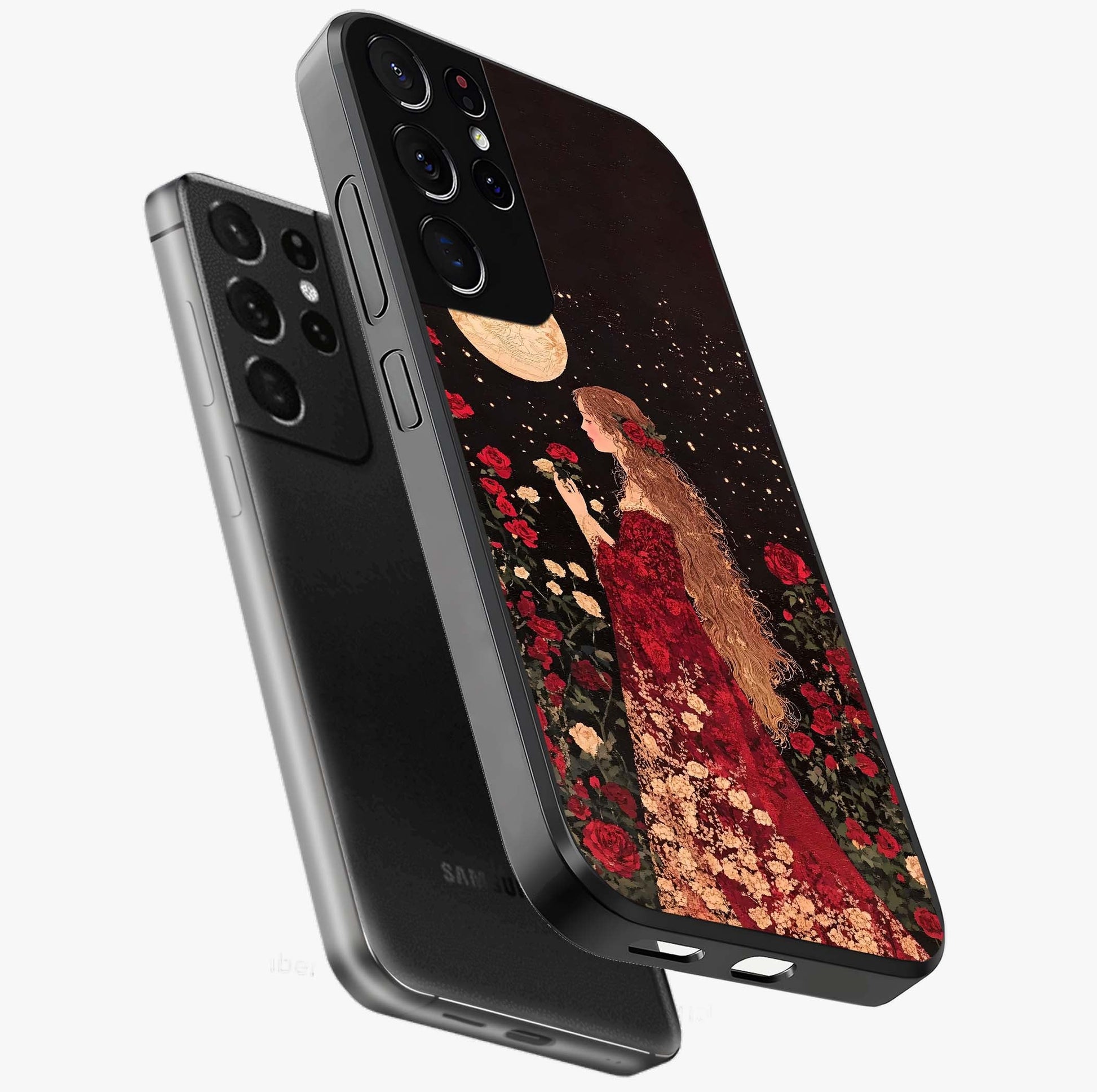 Crimson Dreams Glass Case displayed in angled mockup highlighting soft crimson aesthetic design with artistic theme.