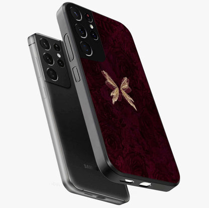 Crimson Fade Butterfly Glass Case displayed in angled mockup highlighting elegant butterfly design with crimson gradient aesthetic.