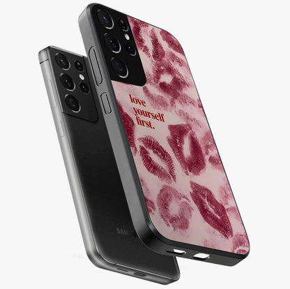 Crimson Kiss Love Glass Case displayed in angled mockup highlighting bold love inspired design with modern aesthetic style.