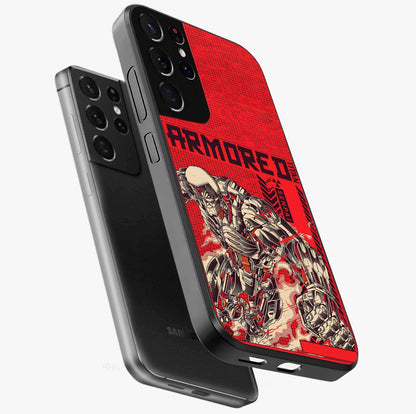 Crimson Mecha Titan Glass Case displayed in angled mockup highlighting futuristic mech illustration with bold crimson aesthetic.