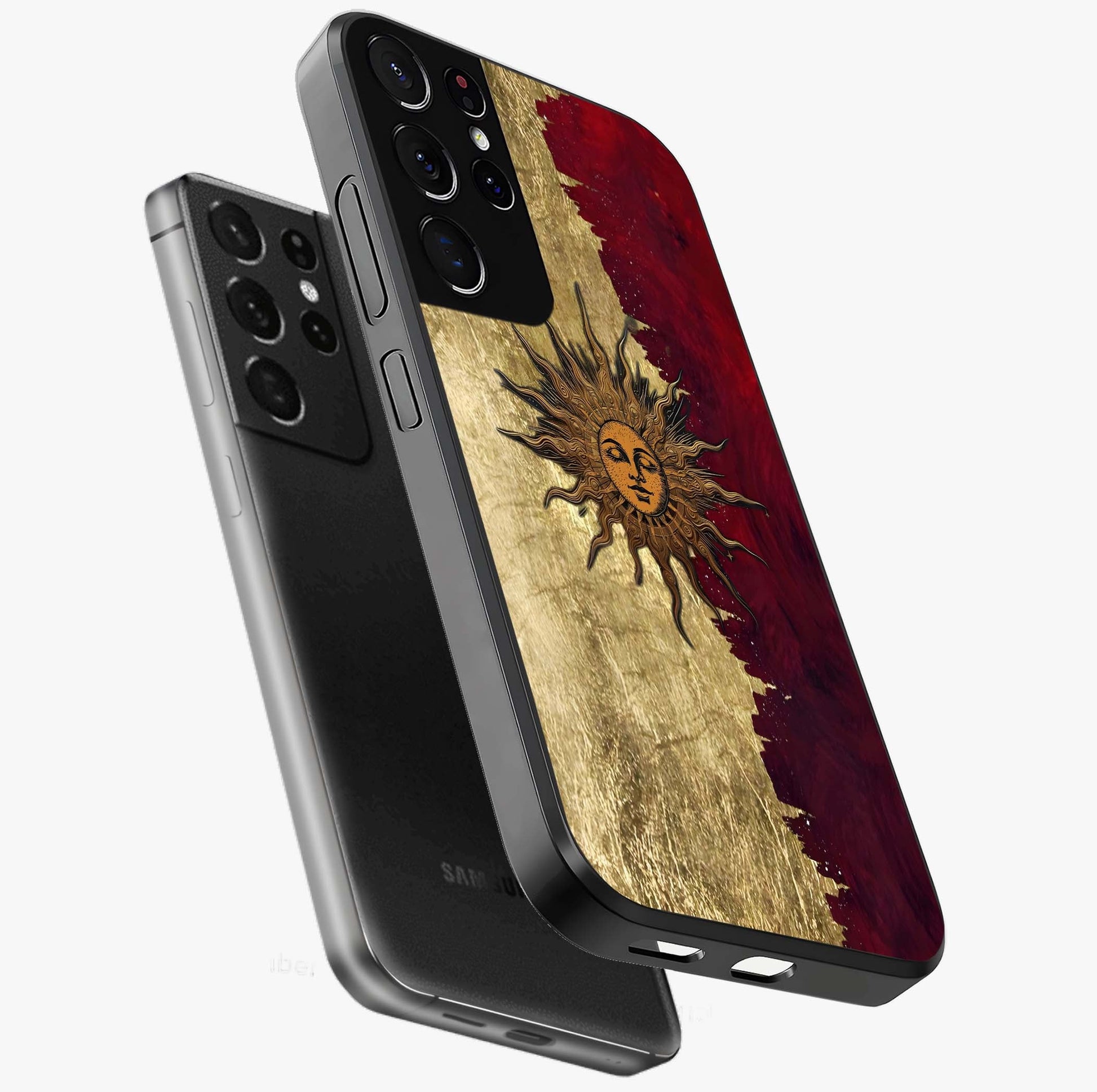 Crimson Sun Majesty Glass Case displayed in angled mockup highlighting majestic crimson sun design with bold aesthetic style.