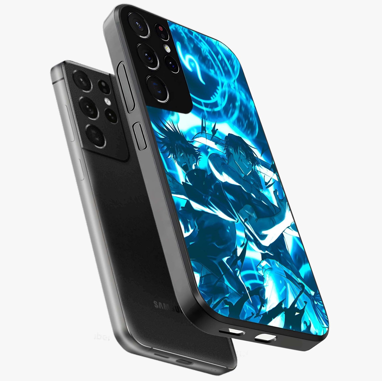 Cursed Energy Clash Glass Case displayed in angled mockup highlighting powerful battle inspired graphic with anime style aesthetic.
