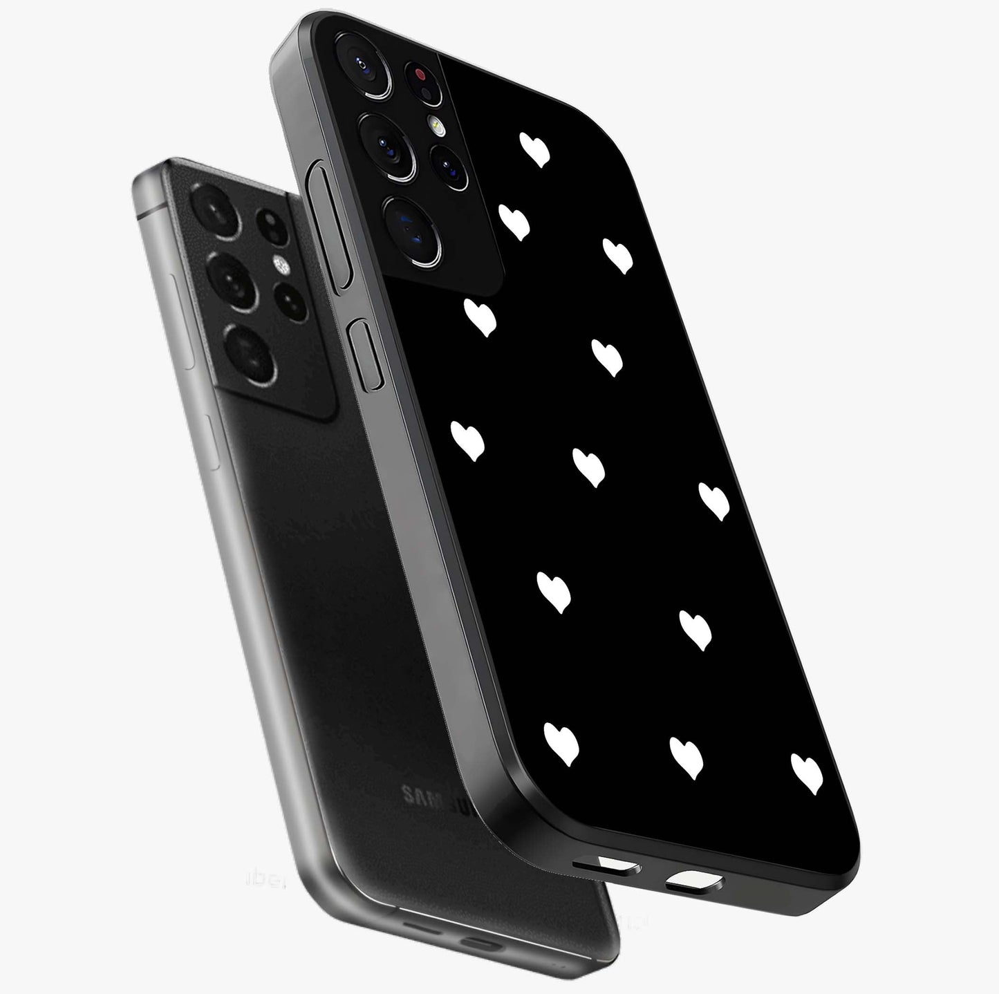 Cute And Simple White Hearts Glass Case displayed in angled mockup highlighting cute heart design with clean aesthetic style.