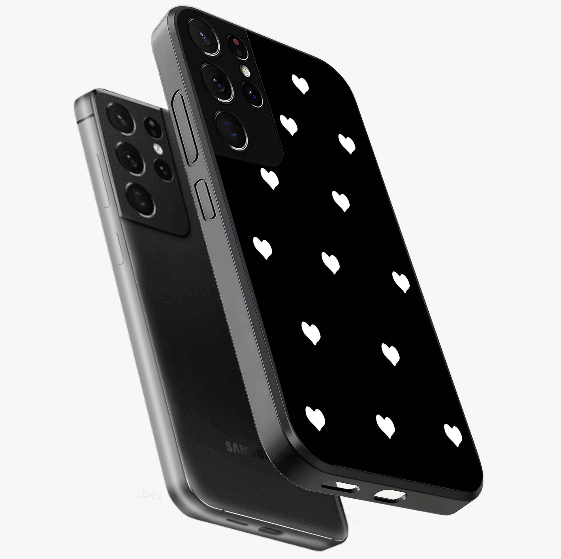 Cute And Simple White Hearts Glass Case displayed in angled mockup highlighting cute heart design with clean aesthetic style.