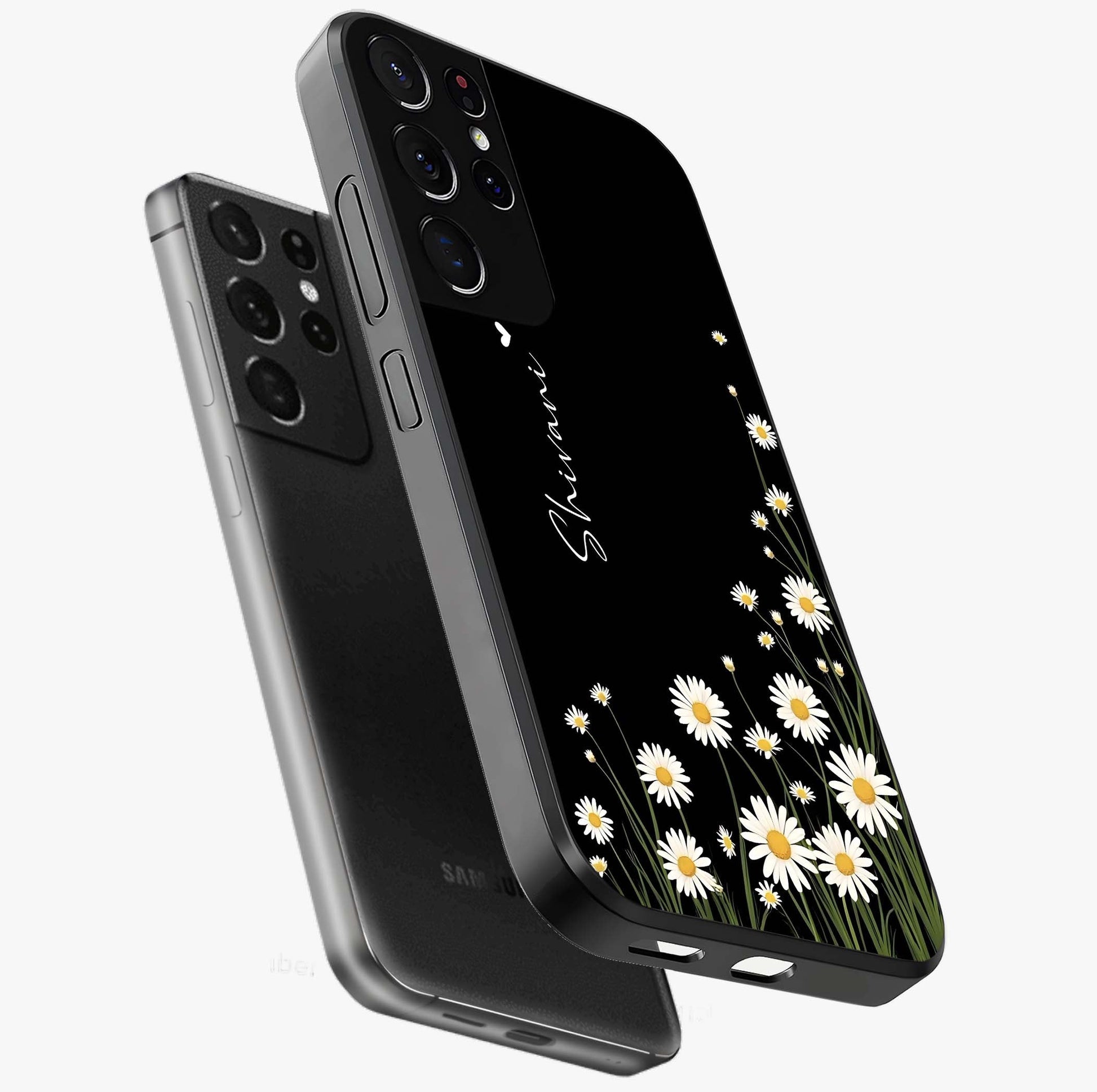 Daisy Cascade Custom Name Glass Case displayed in angled mockup highlighting delicate daisy artwork with custom name feature.