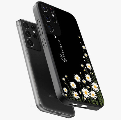 Daisy Cascade Custom Name Glass Case displayed in angled mockup highlighting delicate daisy artwork with custom name feature.