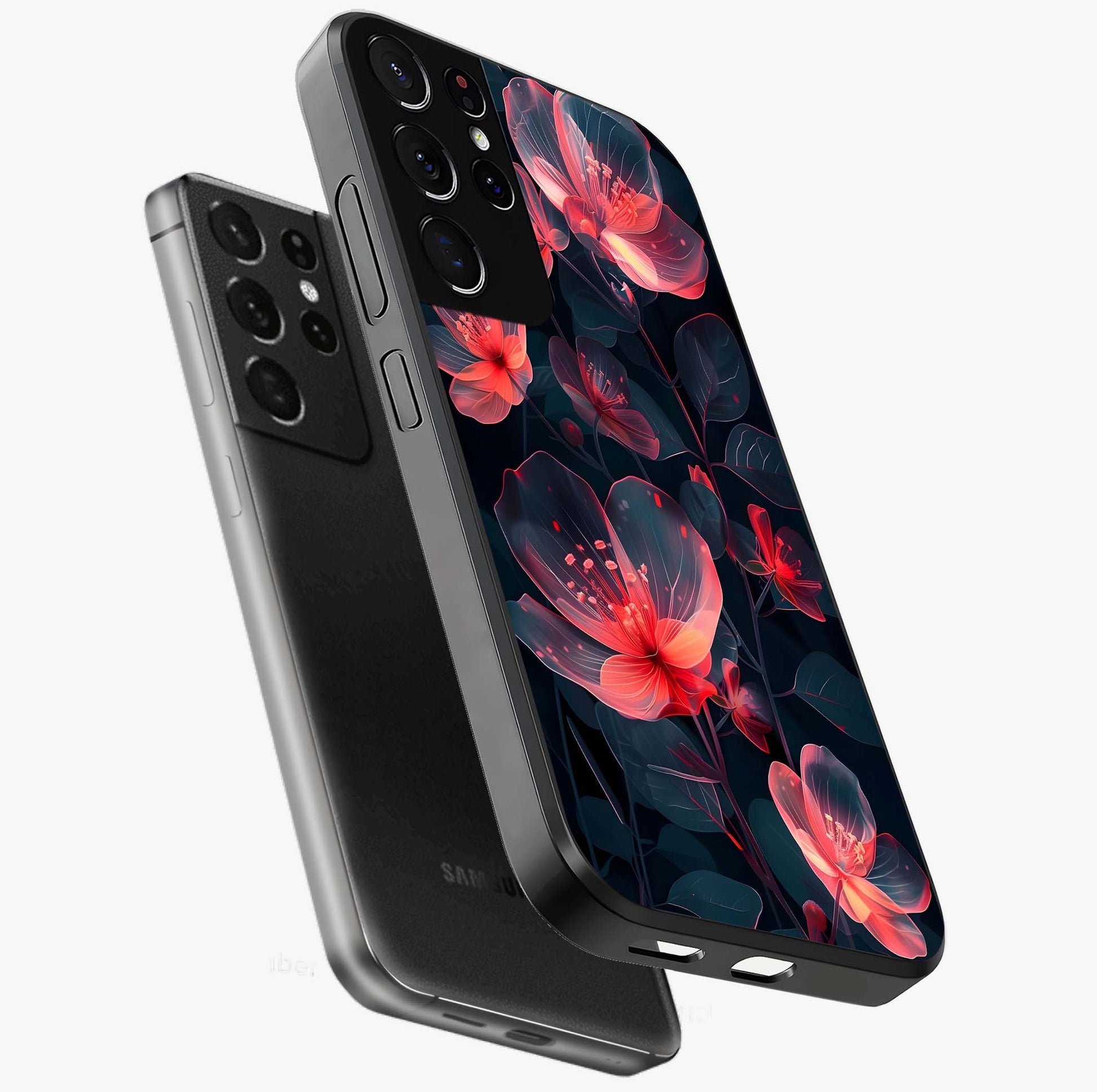 Dark Shade of Flower Glass Case displayed in angled mockup highlighting moody floral illustration with aesthetic dark tones.