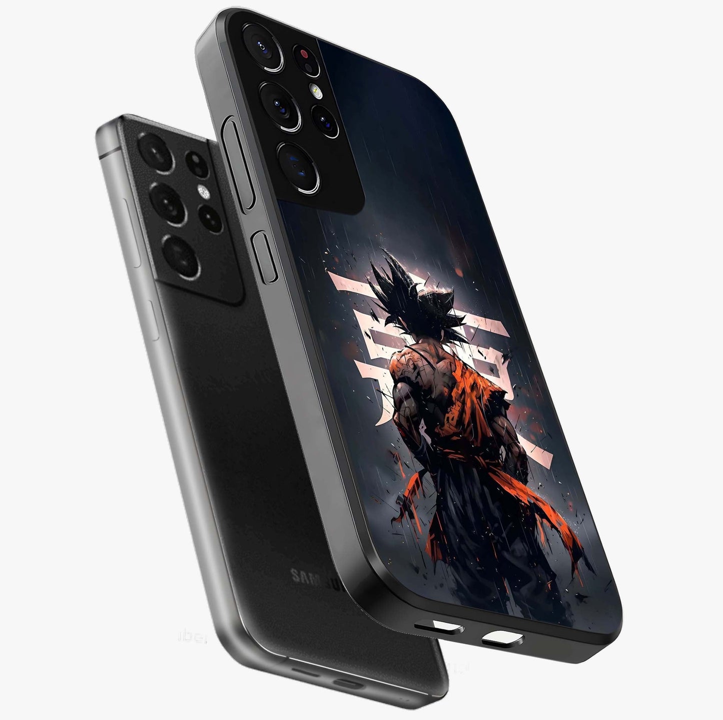 Dark Warrior In Rain Glass Case displayed in angled mockup highlighting dramatic warrior illustration with dark rain aesthetic.