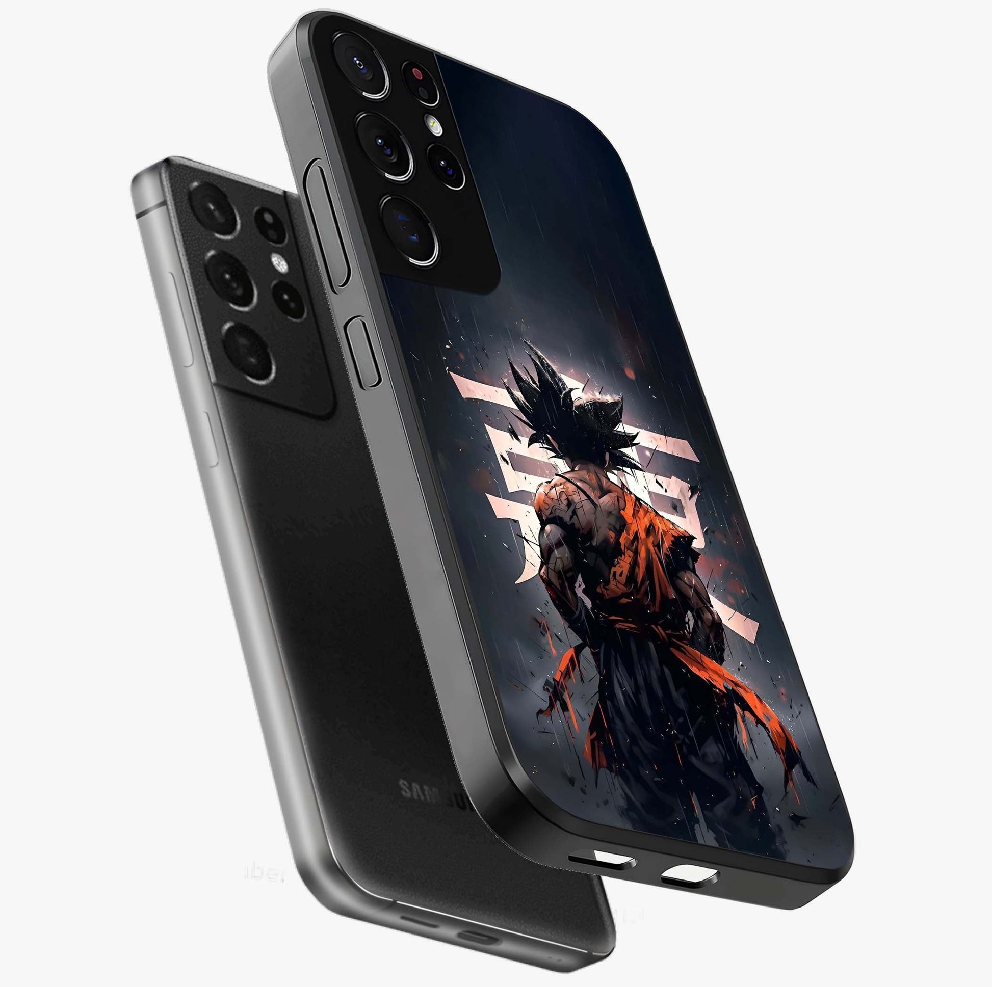 Dark Warrior In Rain Glass Case displayed in angled mockup highlighting dramatic warrior illustration with dark rain aesthetic.