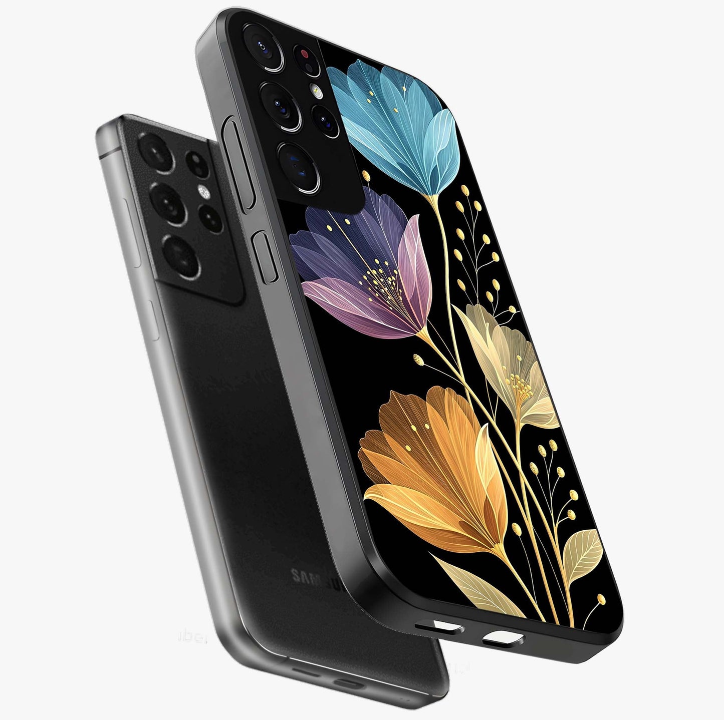 Delicate Multicolor Flowers Glass Case displayed in angled mockup highlighting colorful flower pattern with soft aesthetic style.