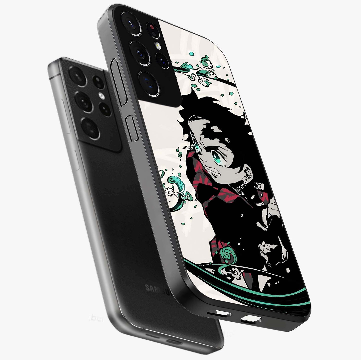 Demon Slayer Glass Case displayed in angled mockup highlighting dramatic anime character design with action aesthetic.