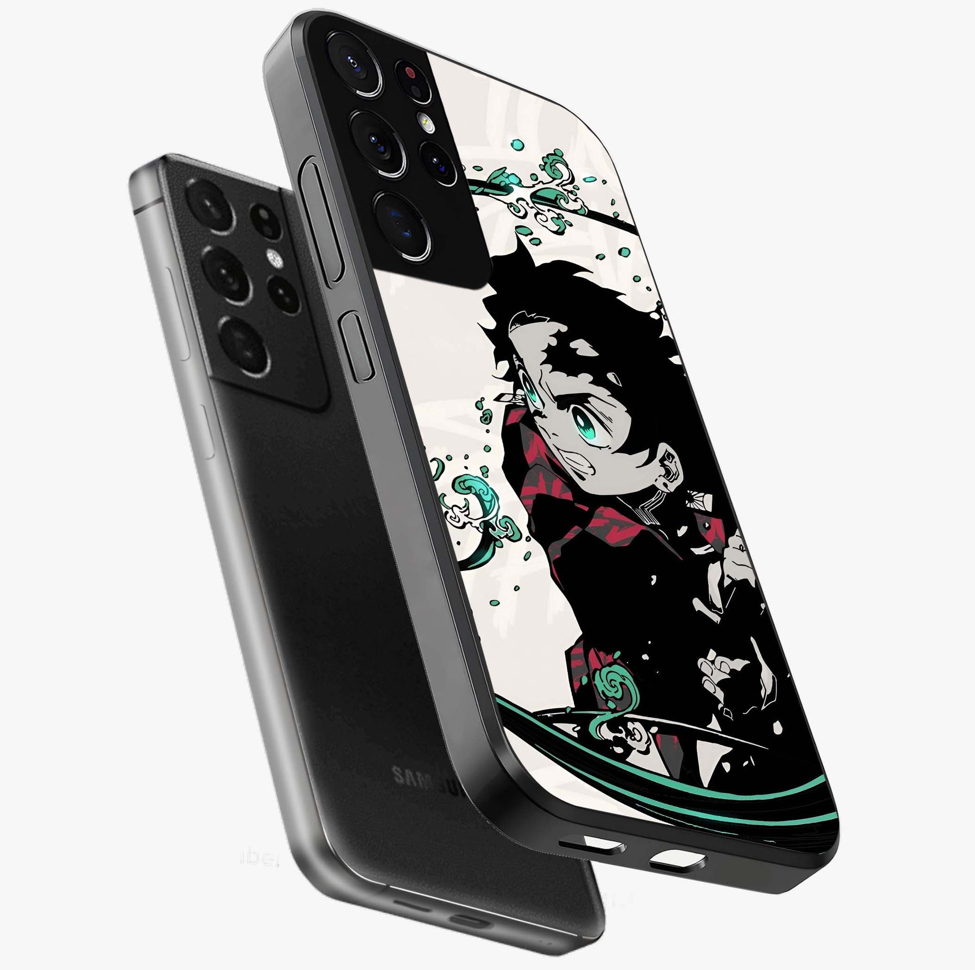 Demon Slayer Glass Case displayed in angled mockup highlighting dramatic anime character design with action aesthetic.