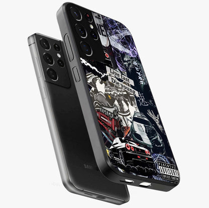 Die Young Glass Case displayed in angled mockup highlighting expressive graphic artwork with edgy aesthetic style.