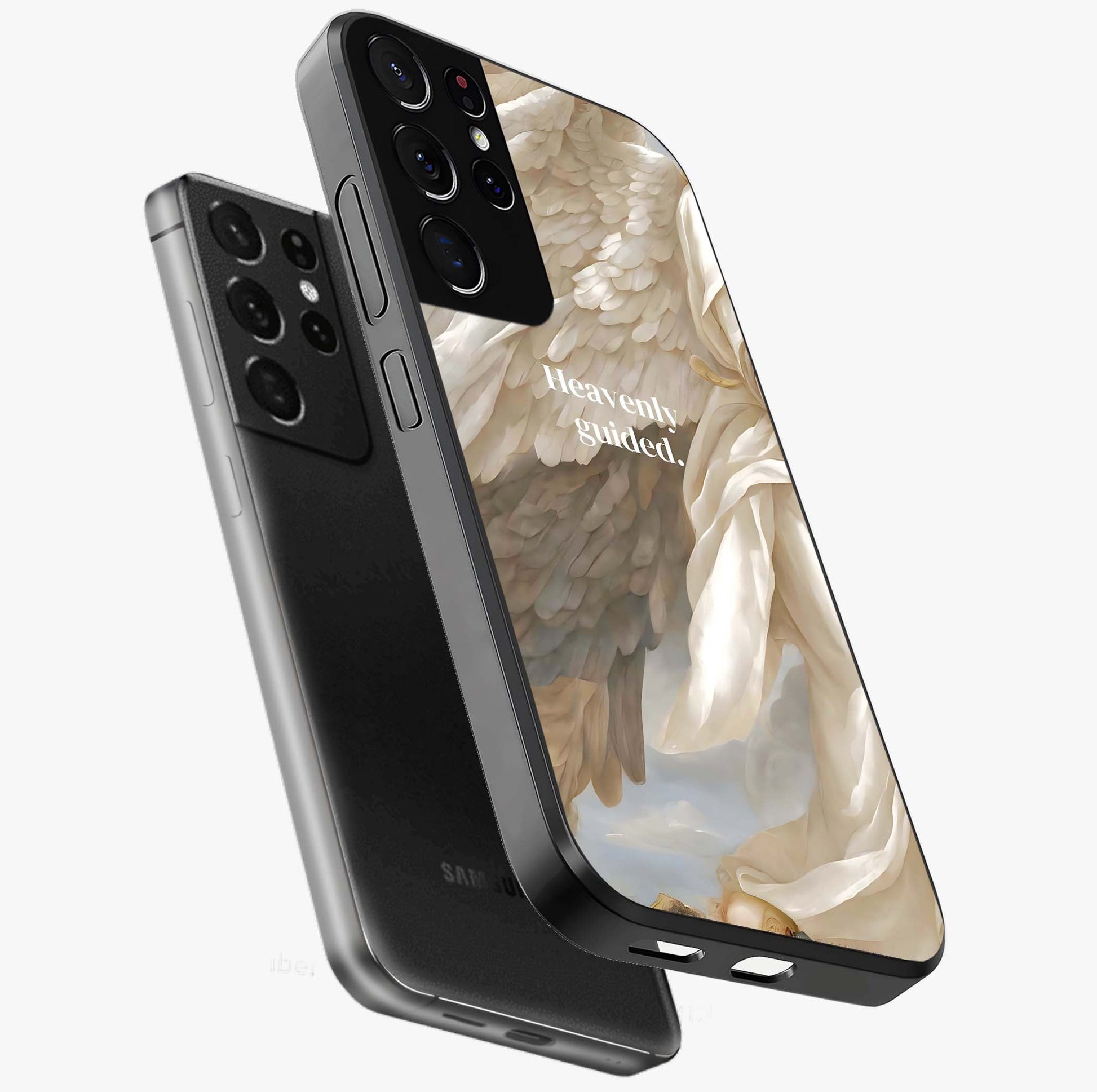 Divine Winged Grace Glass Case displayed in angled mockup highlighting graceful wing design with divine aesthetic style.