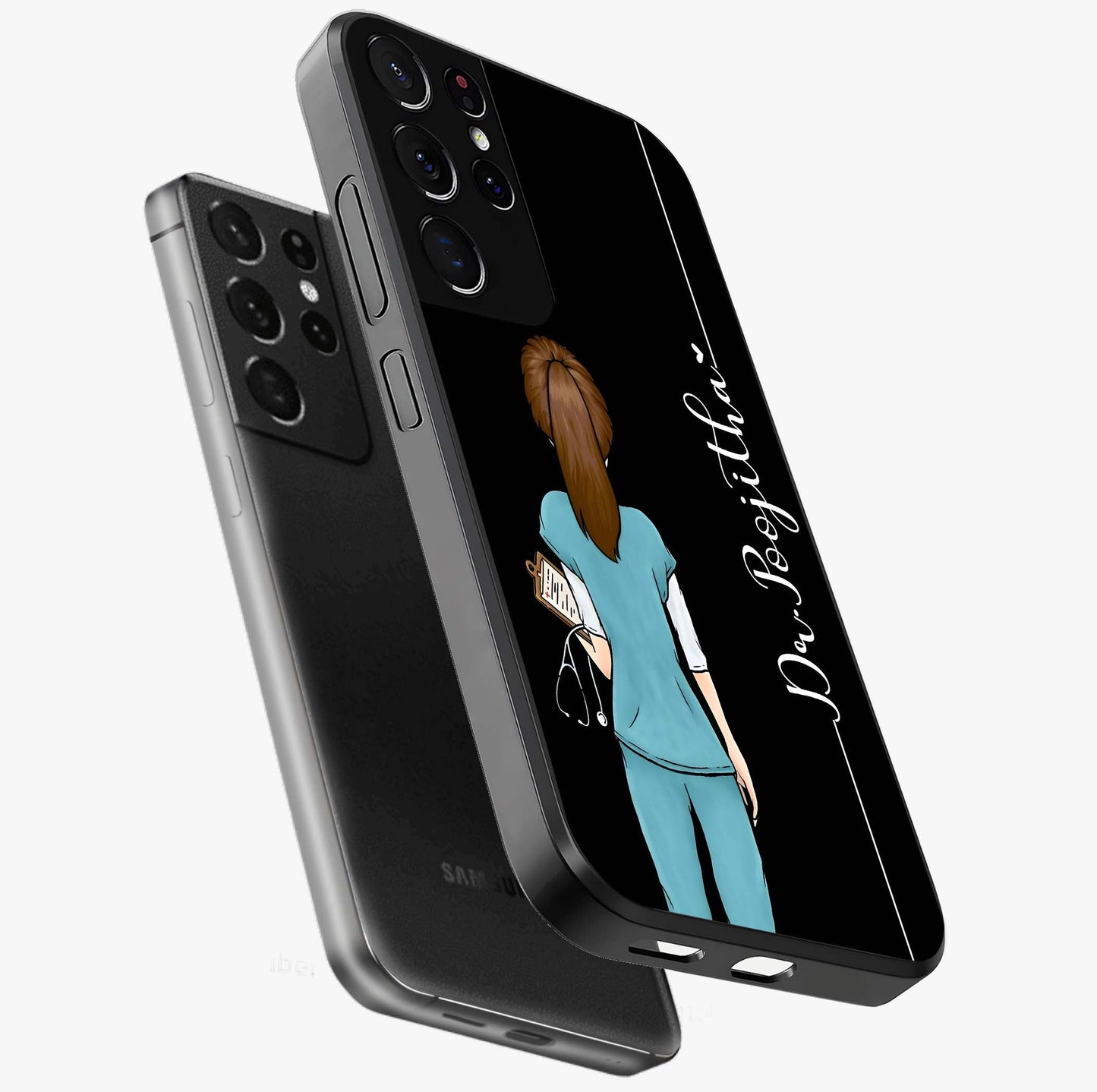 Doctor Pattern Custom Name Glass Case displayed in angled mockup highlighting doctor inspired artwork with custom name feature.