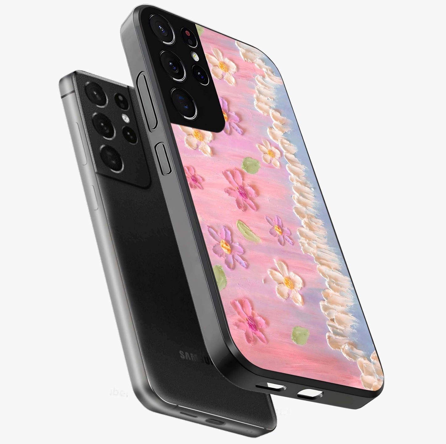 Dreamy Painted Garden Glass Case displayed in angled mockup highlighting colorful garden illustration with dreamy aesthetic style.