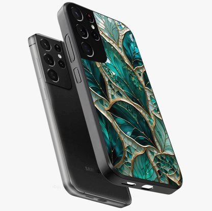 Emerald Leaf Glass Glass Case displayed in angled mockup highlighting botanical leaf illustration with elegant natural aesthetic.