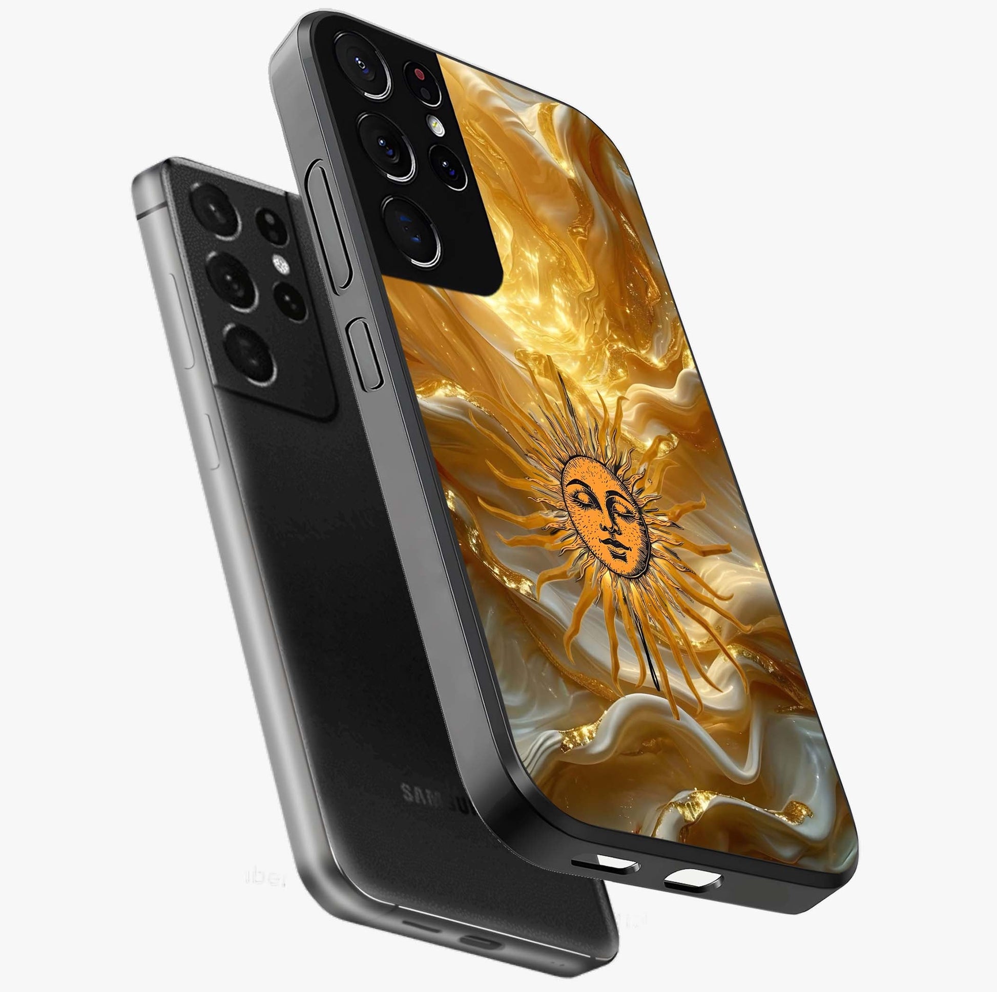 Eternal Golden Glow Glass Case displayed in angled mockup highlighting glowing golden aesthetic design with elegant style.
