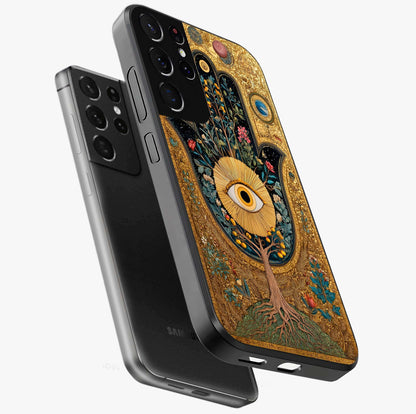 Ethereal Evil Eye Glass Case displayed in angled mockup highlighting protective evil eye symbol with spiritual aesthetic design.