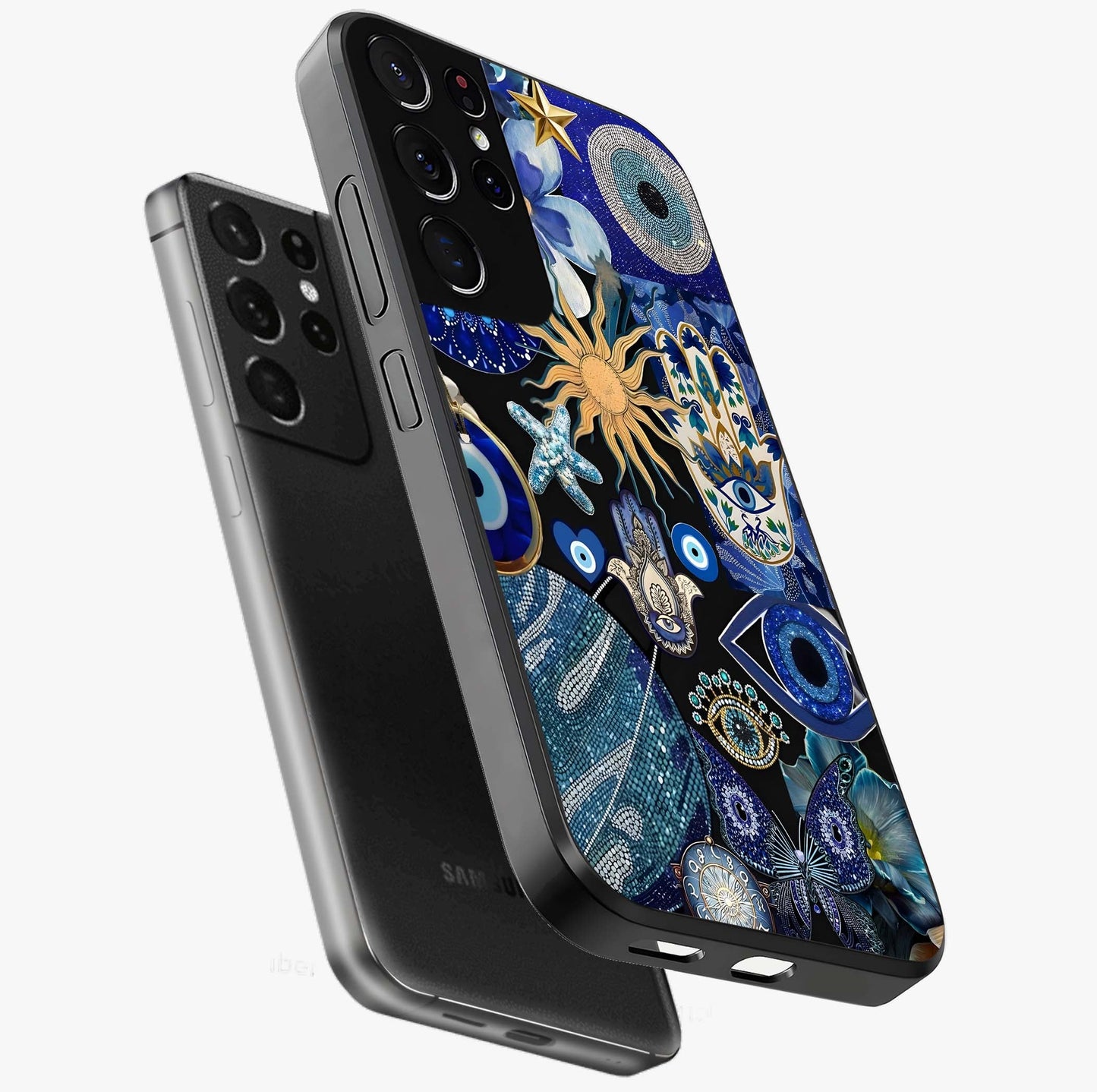 Evil Eye Charm Mix Glass Case displayed in angled mockup highlighting protective evil eye symbols with spiritual aesthetic design.