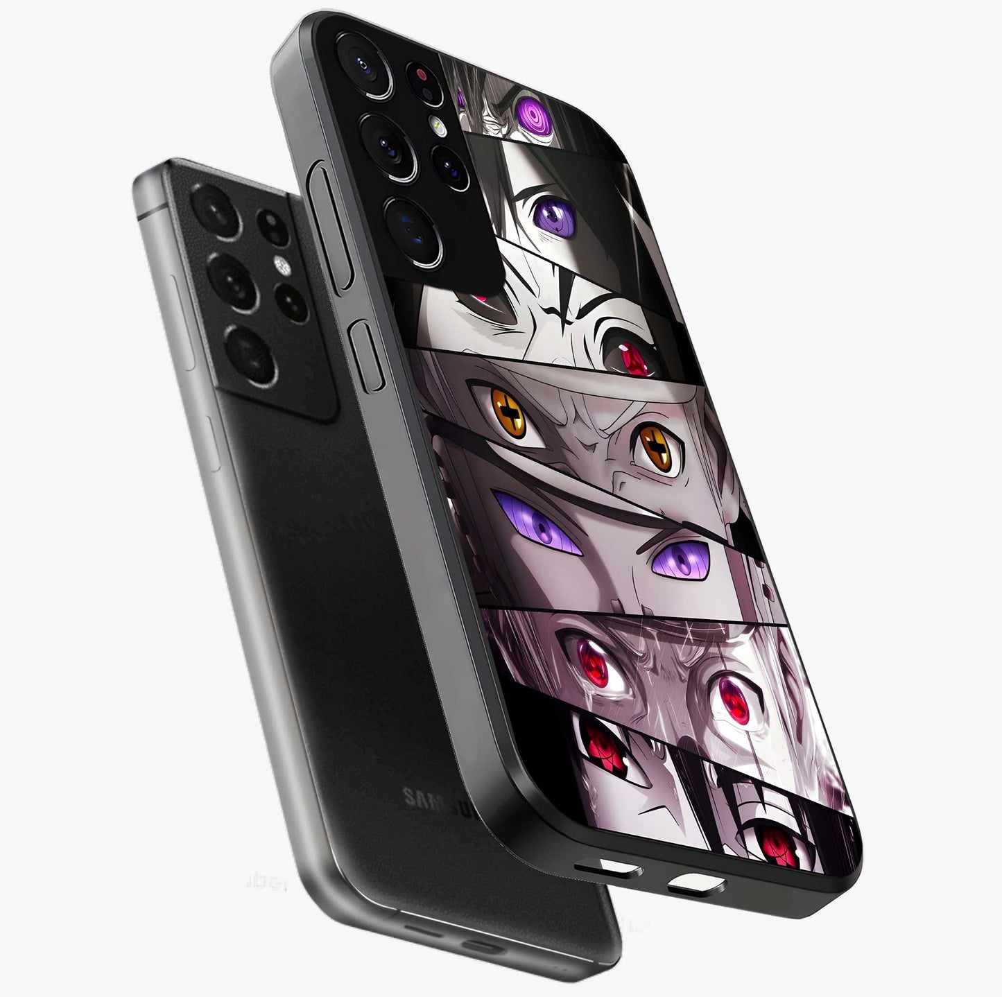 Eyes of Destiny Glass Case displayed in angled mockup highlighting bold eye illustration with mystical aesthetic style.
