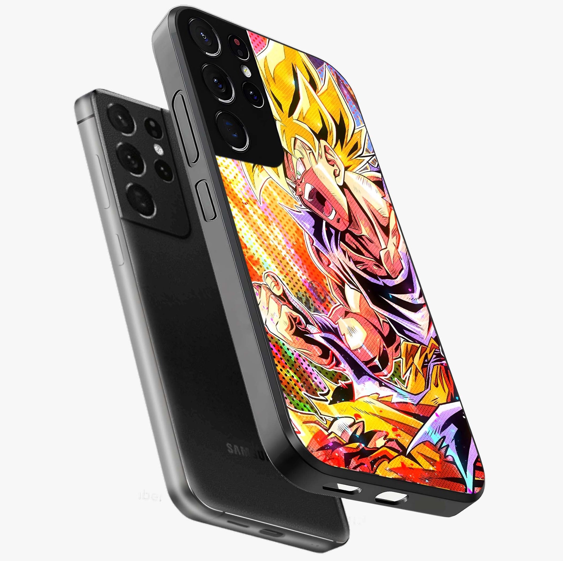Firing Goku Glass Case displayed in angled mockup highlighting dynamic anime character design with action aesthetic.