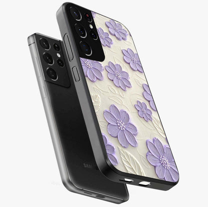 Floral Wall Art With Purple Flowers Glass Case displayed in angled mockup highlighting vibrant purple floral illustration with artistic aesthetic.