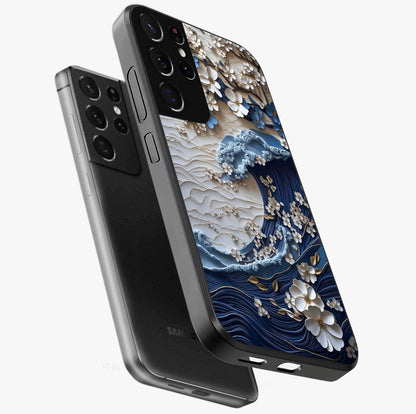 Floral Wave Origami Glass Case displayed in angled mockup highlighting geometric origami flower design with modern aesthetic style.