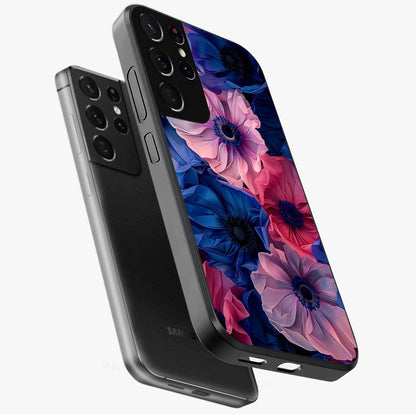 Flower Paper Art Pattern Glass Case displayed in angled mockup highlighting layered paper flower design with artistic aesthetic.