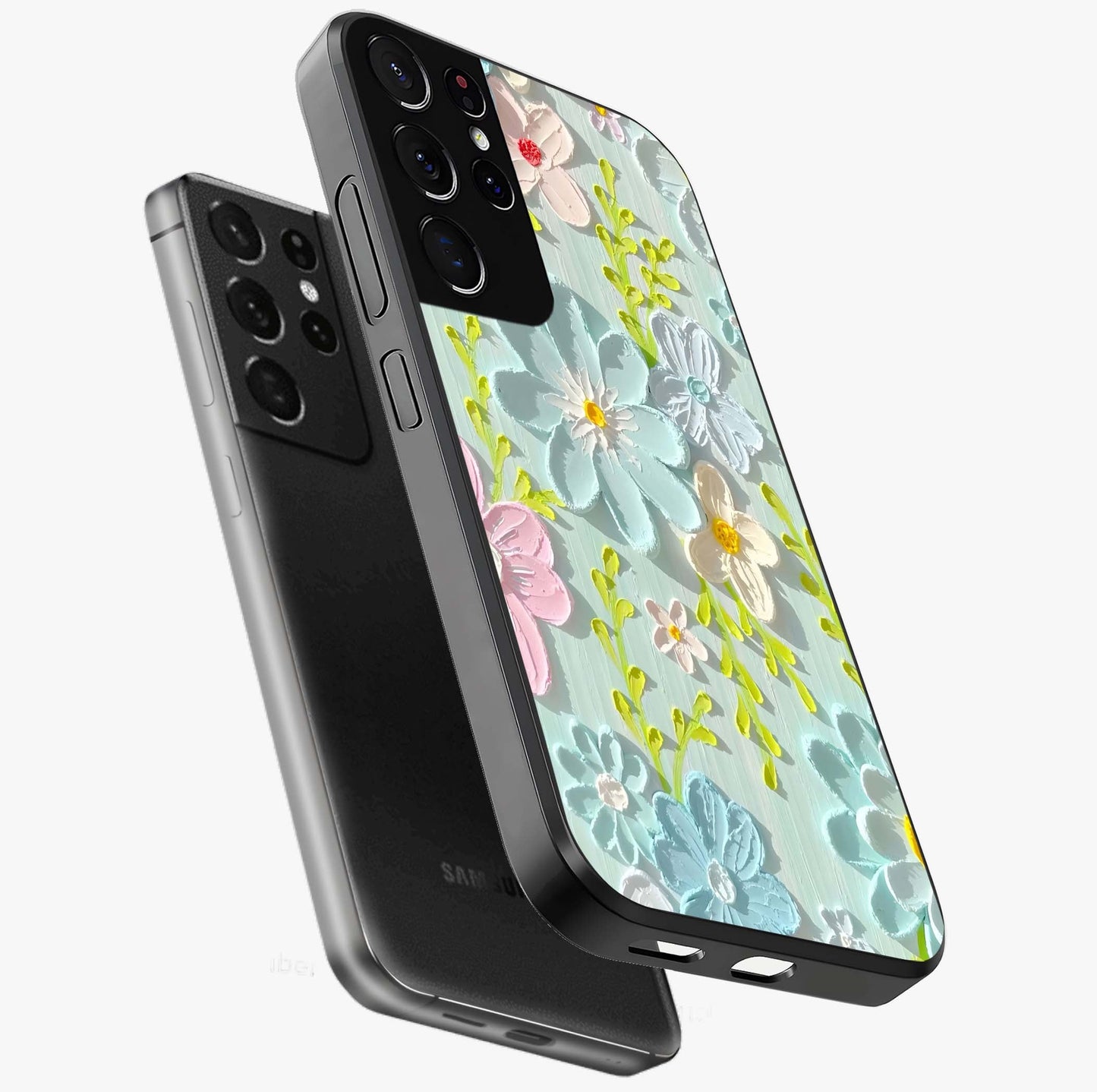 Frosted Petal Garden Glass Case displayed in angled mockup highlighting delicate flower petal design with calm garden aesthetic.
