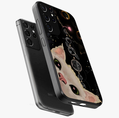 Galactic Cat Glass Case displayed in angled mockup highlighting celestial feline illustration with galaxy aesthetic style.