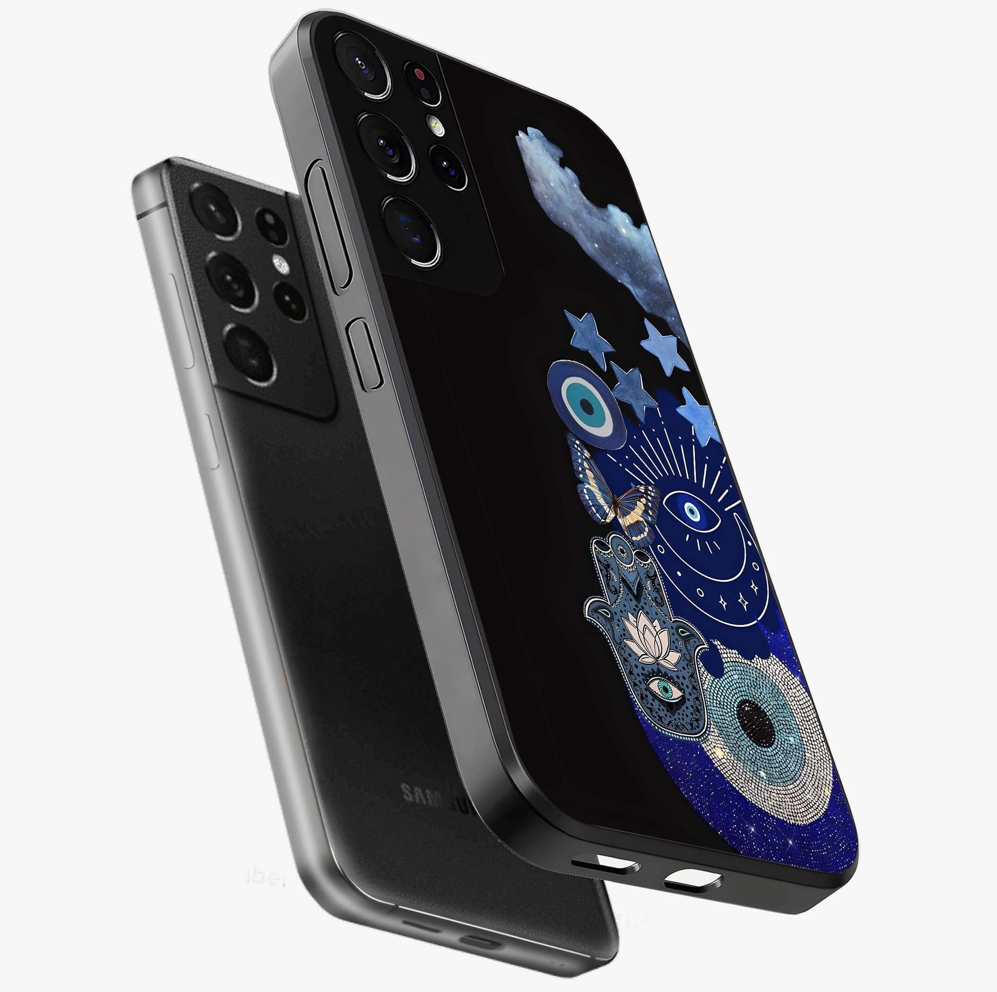 Galactic Charm Cluster Glass Case displayed in angled mockup highlighting luminous galaxy inspired design with dreamy aesthetic.
