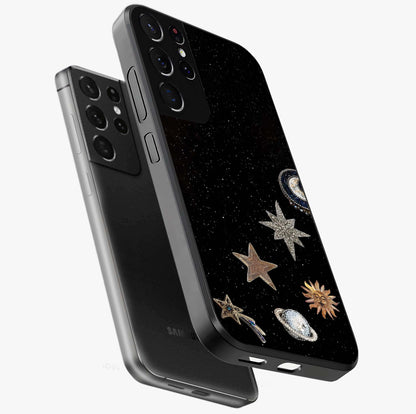 Galactic Charm Glow Glass Case displayed in angled mockup highlighting luminous galaxy inspired design with dreamy aesthetic.